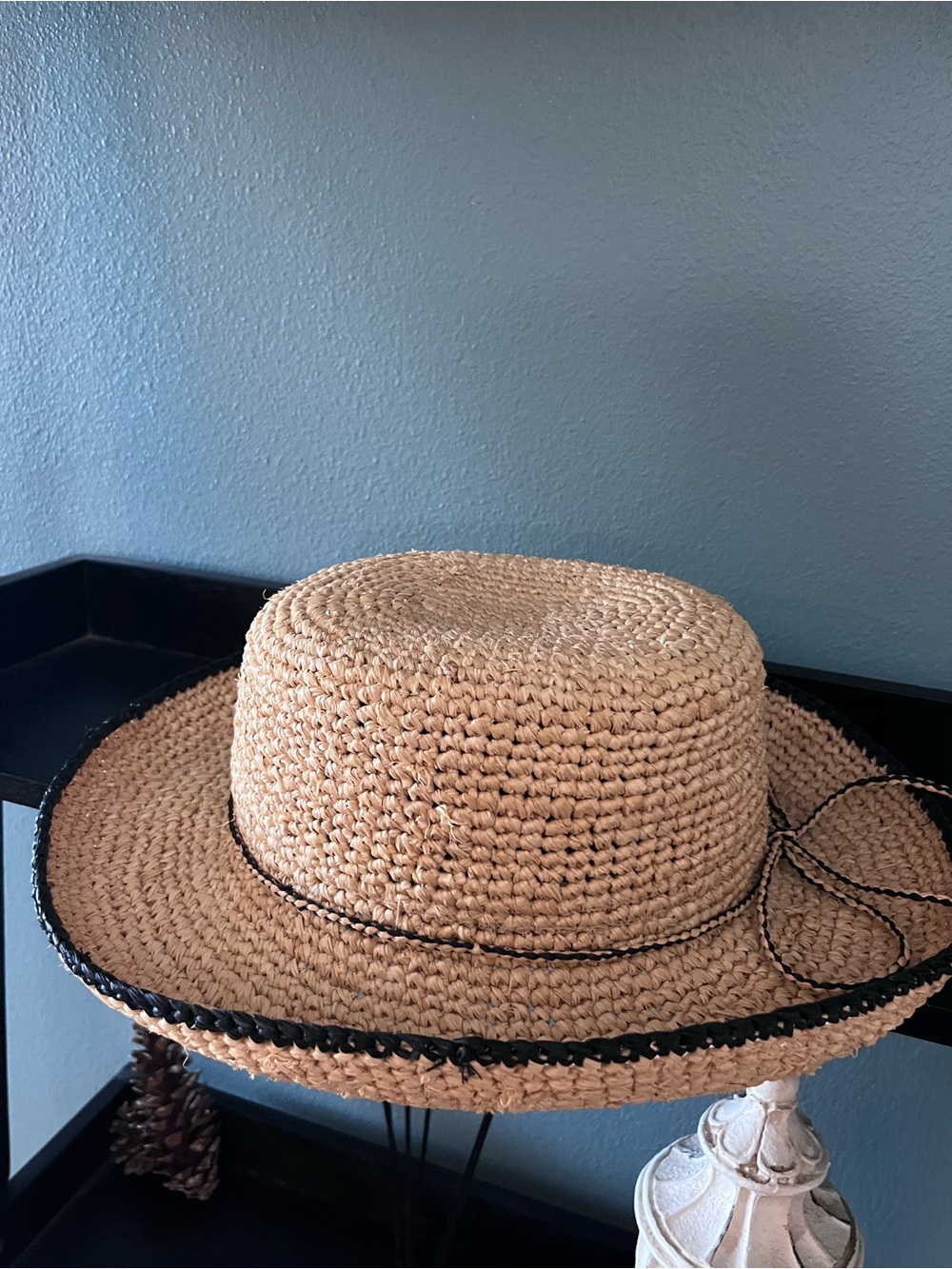 Women's Natural Straw Sun Hat with Black Trim